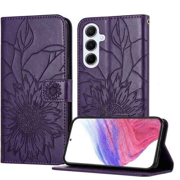 TECH CIRCLE for Samsung Galaxy A17 5G Leather Wallet Case with Flip Kickstand Magnetic Closure Flower Embossed Shockproof TPU Credit Card Slot Folio Phone Cover,Darkpurple