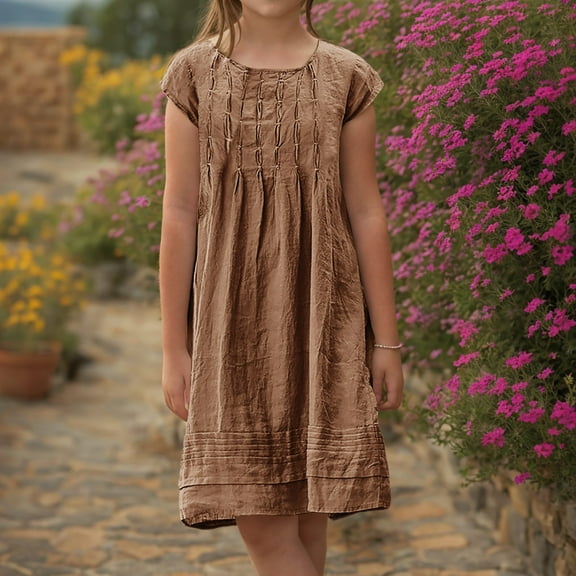 Gamivast Placed Recently by Me Linen Dress for Girls Pleated Summer Dress Crew Neck Short Sleeve Sundress Beach Vacation Casual Mini Dress Beige Placed by Me to be Delivered