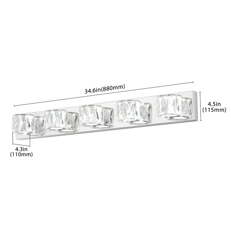 35" Modern 5-Light LED Crystal Bathroom Vanity Light, Chrome Wall Sconce with Clear Crystal Shades, Bathroom Lighting Fixtures Over Mirror for Vanity, Bedroom, Hallway