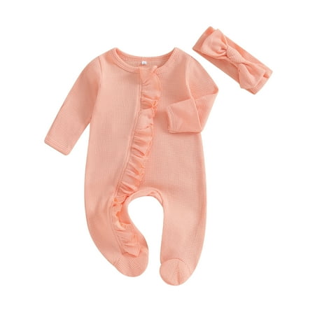 

Wallarenear Baby Girl Footie Romper Waffle Knit Romper Zippers Onesie Bodysuit with Headband