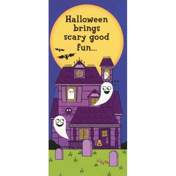 Designer Greetings Purple House and Smiling Ghosts : Scary Good Fun Juvenile Halloween Money Holder : Gift Card Holder Halloween Card for Kid : Kids : Child : Children
