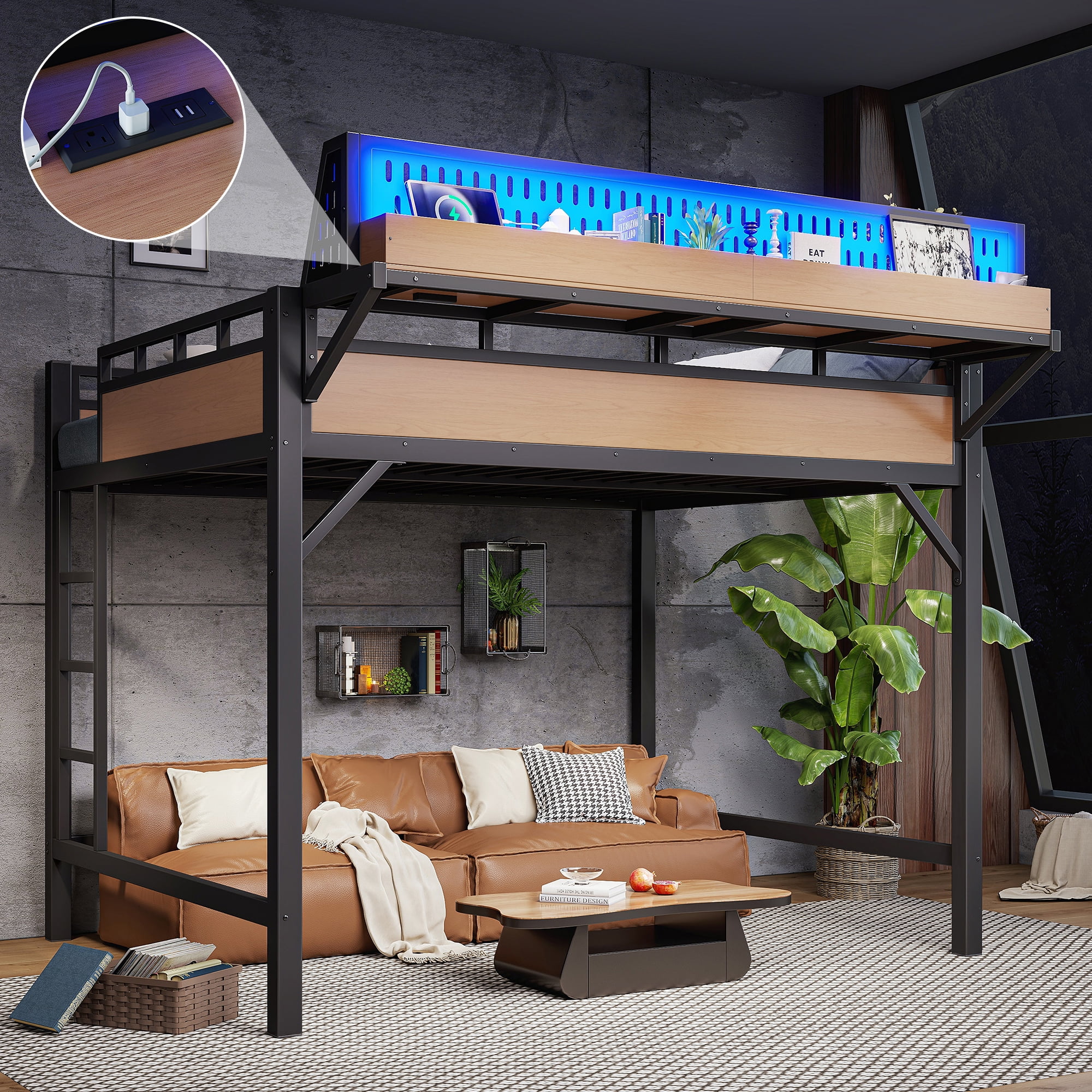 Mintazer Queen Size Loft Bed with LED Lights & Charging Station, Metal Loft Bed with Storage Shelves and Pegboard, Black & Natural