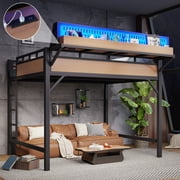 Queen Size Loft Bed with Storage Shelves and Pegboard, Metal Loft Bed Frame with USB Ports and LED Lights, Safe and Sturdy