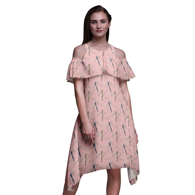 Bimba Pink Bird Print Flutter Sleeve Womens Party Tunic Cold Shoulder Midi Dress - Medium