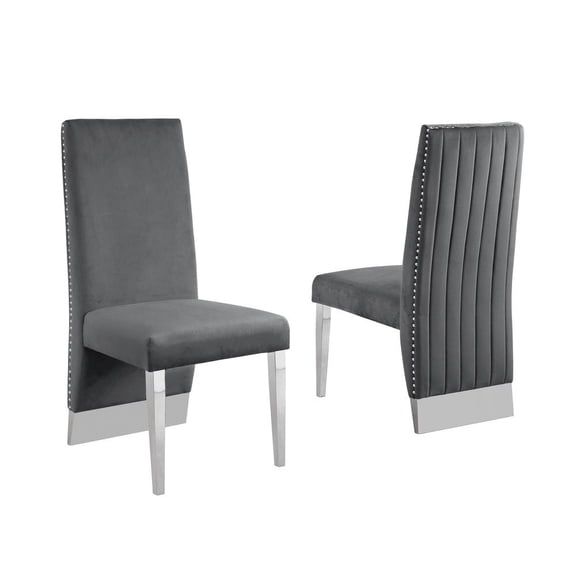 Gray Tufted Velvet Accent Side Chairs with Silver Chrome Detailing (Set of 2)