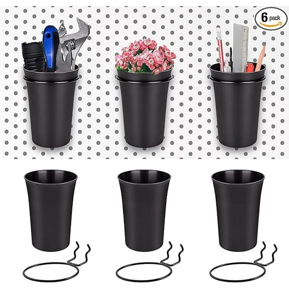 6 Set Pegboard Bins with Rings, Pegboard Cupholder, Pegboards Cups Accessories for Organizing, Peg Board Bin Parts Suitable for Tool Shed Garage Workbench Craft Room Office Hobby Home Kitchen