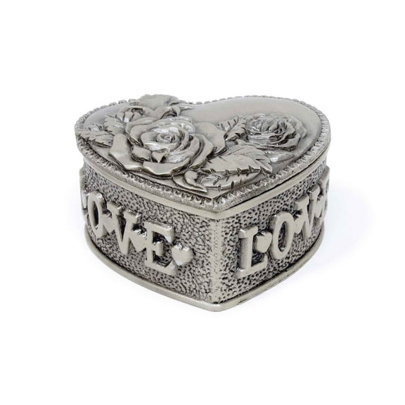 Supreme Housewares Vintage Rose Embossed Heart Pewter Jewelry Trinket Box