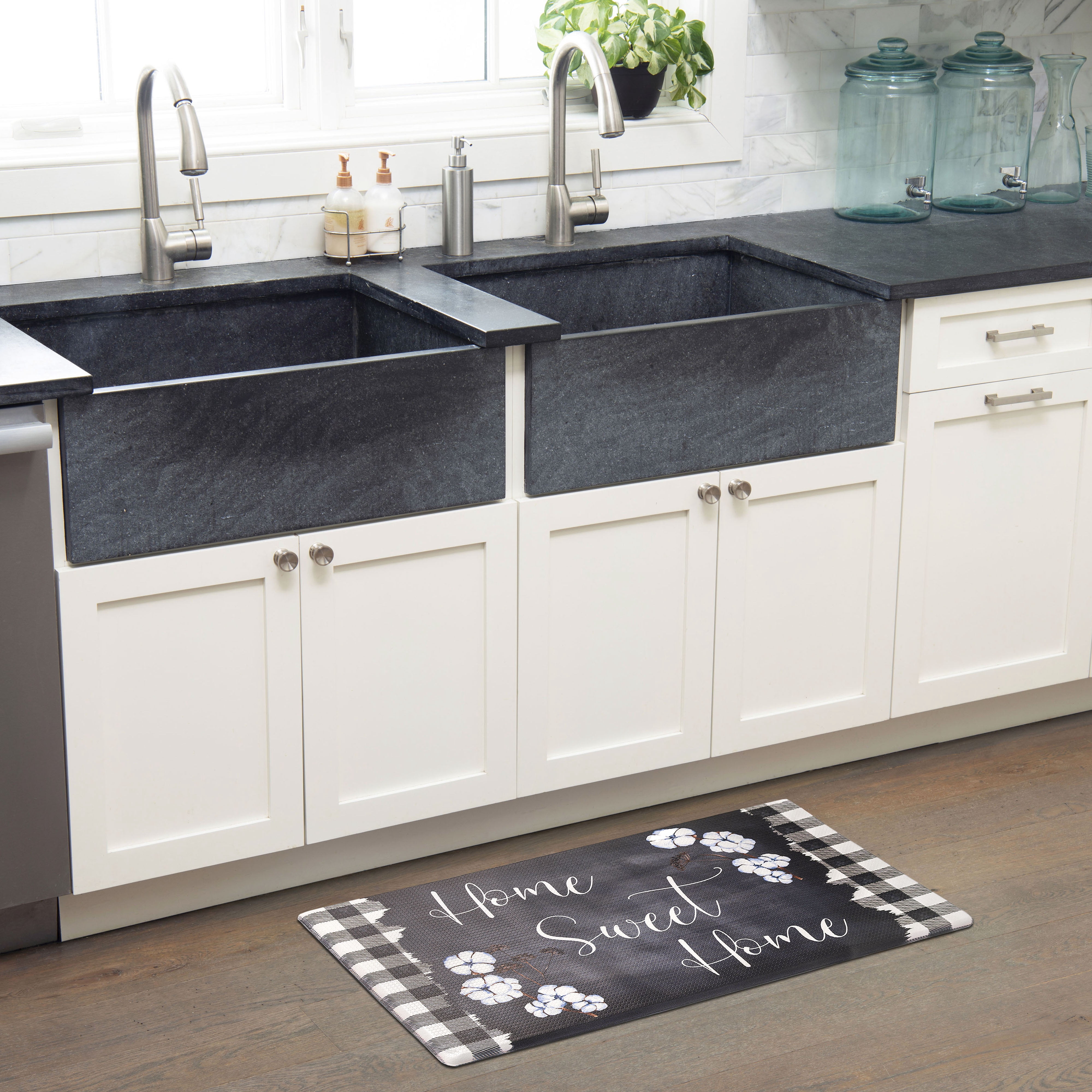 SoHome Cozy Living Home Sweet Home Buffalo Check Border Anti-Fatigue Kitchen Mat, Black/White, 20"x36"