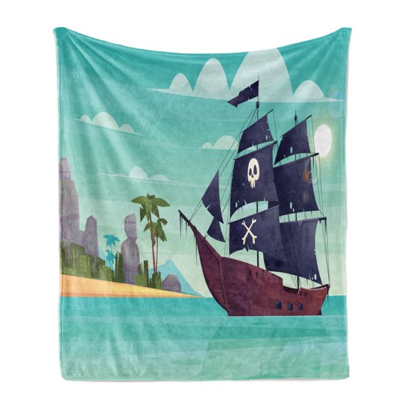 Blue Nautical Soft Flannel Fleece Throw Blanket, Graphic Image of a Pirate Ship on Water near an Island Skull and Bones, Cozy Plush for Indoor and Outdoor Use, 60" x 80", Multicolor, by Ambesonne
