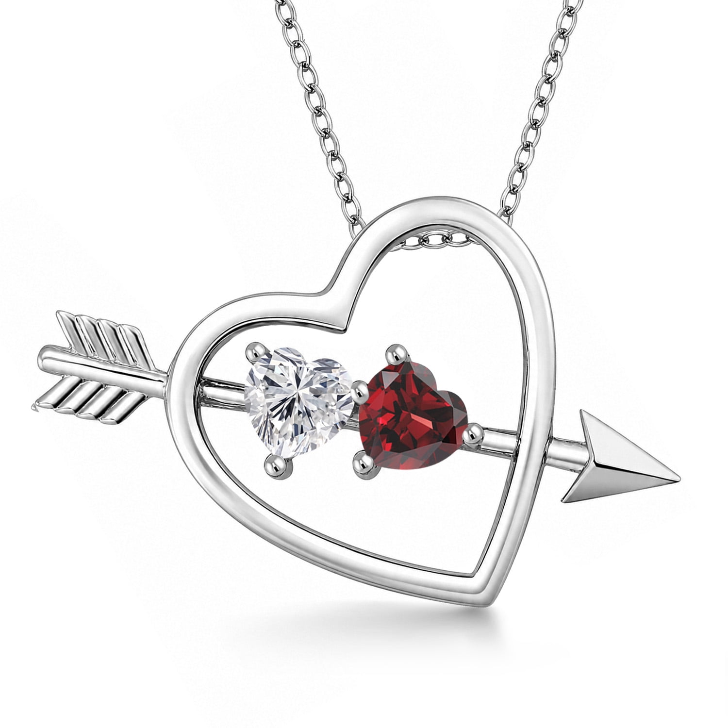 Gem Stone King 925 Sterling Silver Lab Grown Diamond and Red Garnet Pendant Necklace for Women | 1.04 Cttw | Gemstone April Birthstone | Heart Shape 5MM | With 18 inch Chain