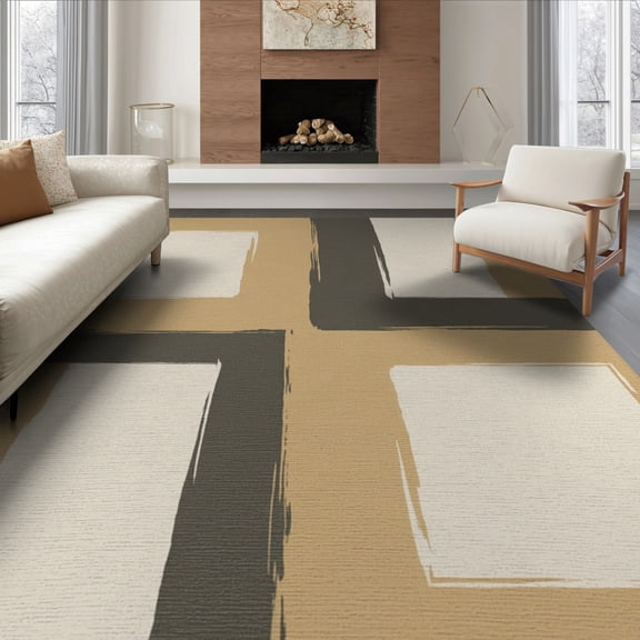 ODIKA 8'x10' Washable Area Rug Beige Block Solid Understated Balanced Layout Neutral Abstract for King Size Bedroom Under Bed, Master Suite, Non-Shedding, Easy Care