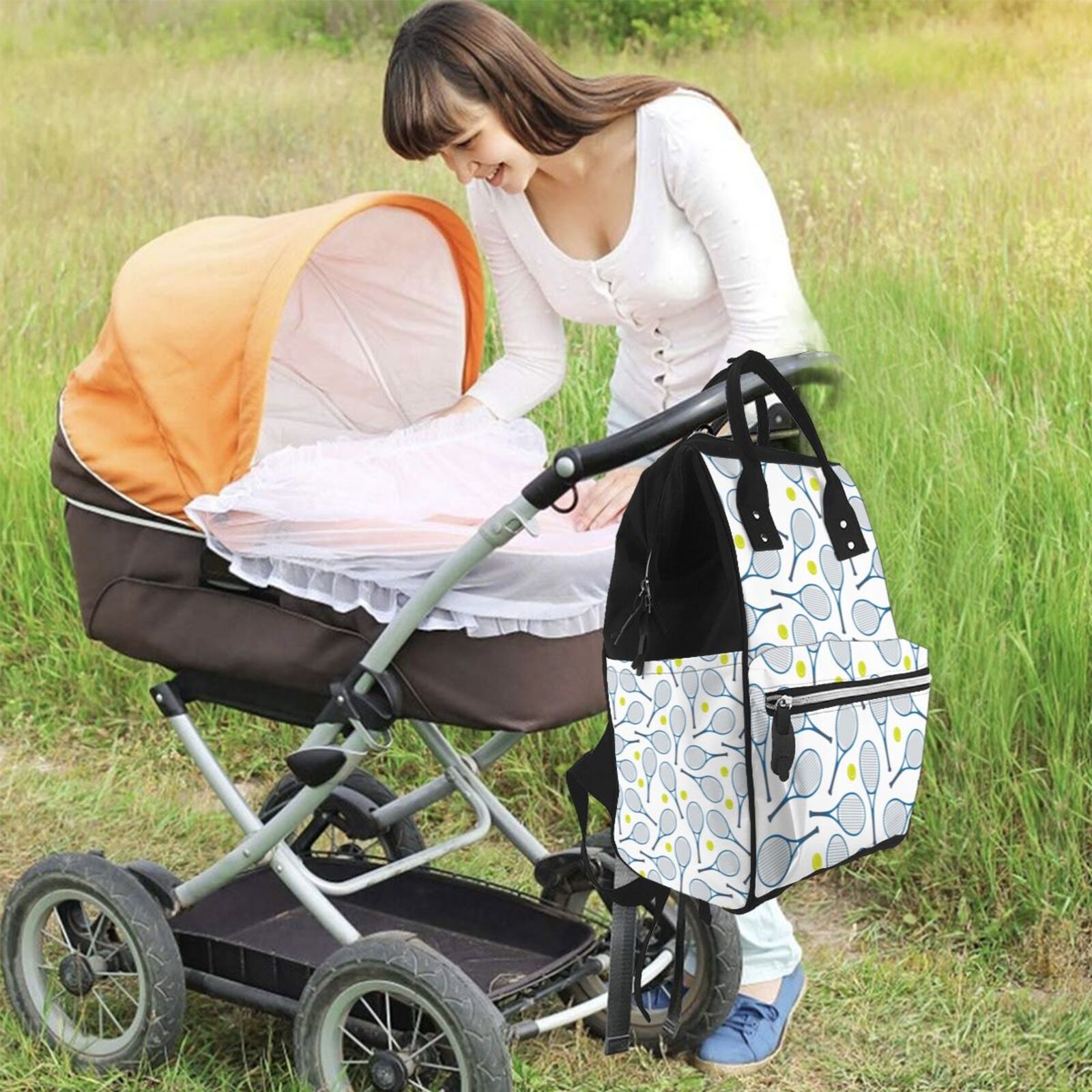 Fuzoiu Tennis Rackets And Balls Print Diaper Bag Backpack,Baby Essentials Travel Tote,Multi function Waterproof Diaper Bag, Travel Essentials Baby Bag - Unisex