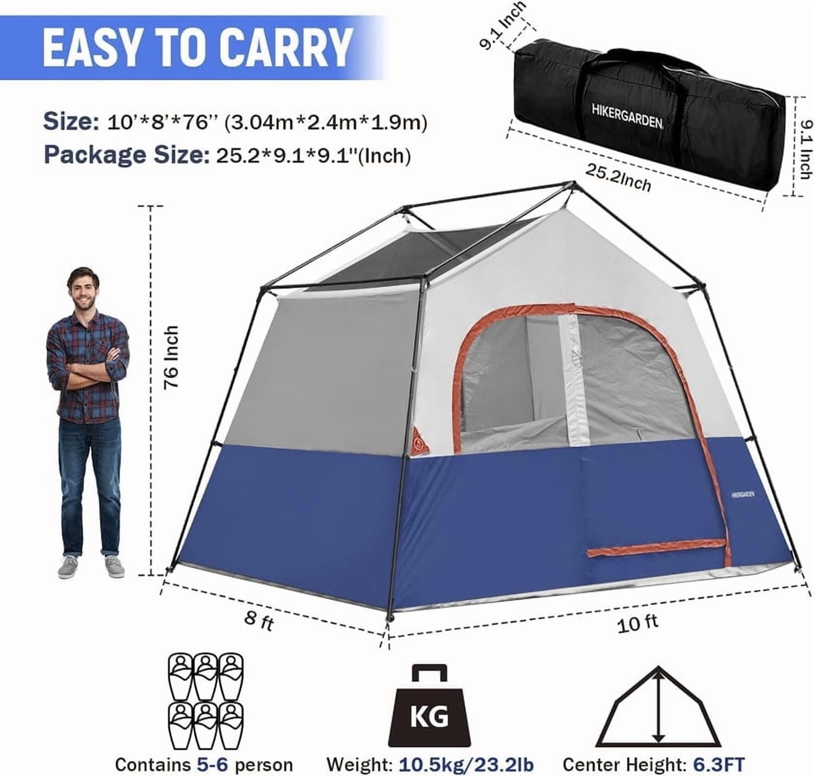 HIKERGARDEN 6 Person Camping Tent - Portable Easy Set Up Family Tent for Camp, Windproof Fabric Cabin Tent Outdoor for Hiking, Backpacking, Traveling