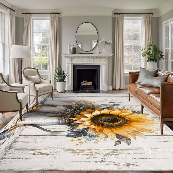 Sunflower Floral 5'x7' Area Rug, Farmhouse Vintage Flowers Wooden Washable Non-Slip Soft Rugs, Low-Pile Large Carpet for Living Room Bedroom Dining Room, Non-Shedding Accent Rug