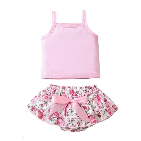 

TFFR Infant Baby Girls Clothes Sets Lace Trim Sling Tank Tops with Bowknot Double Layer Ruffle Hem Floral Print Culottes Shorts