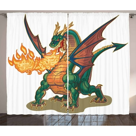 Dragon Curtains 2 Panels Set Mythical Fire Spitting Monster