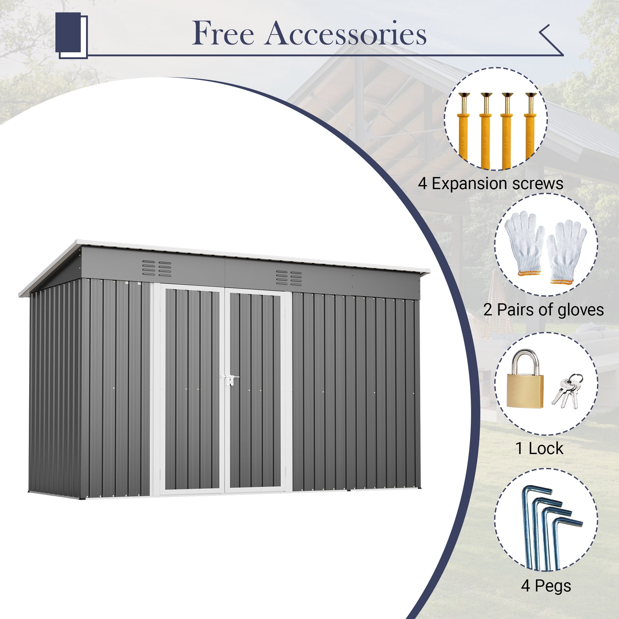 Leumius 10x4Ft Outdoor Metal Storage Shed with Lockable Door with Floor Frame for Patio Backyard Garden Gray