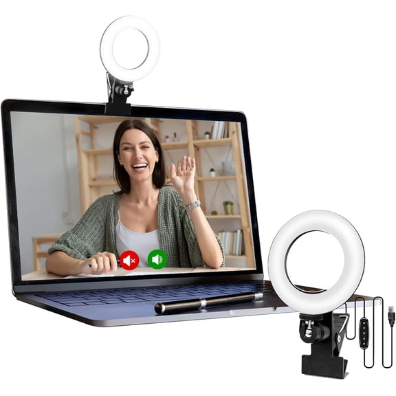 Clip-On Ring Light for Computer - 10W LED Video Conference Light with 3 Color Temperatures, USB Powered Zoom Lighting for Laptop/Desktop (Adjustable Brightness & Angle)