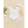 thumbnail image 2 of Franhais Baby Girls Summer Romper with Headband, Lace Bows Adjustable Straps Mesh Layer Backless Romper, Snap Triangle Jumpsuit, 2 of 8