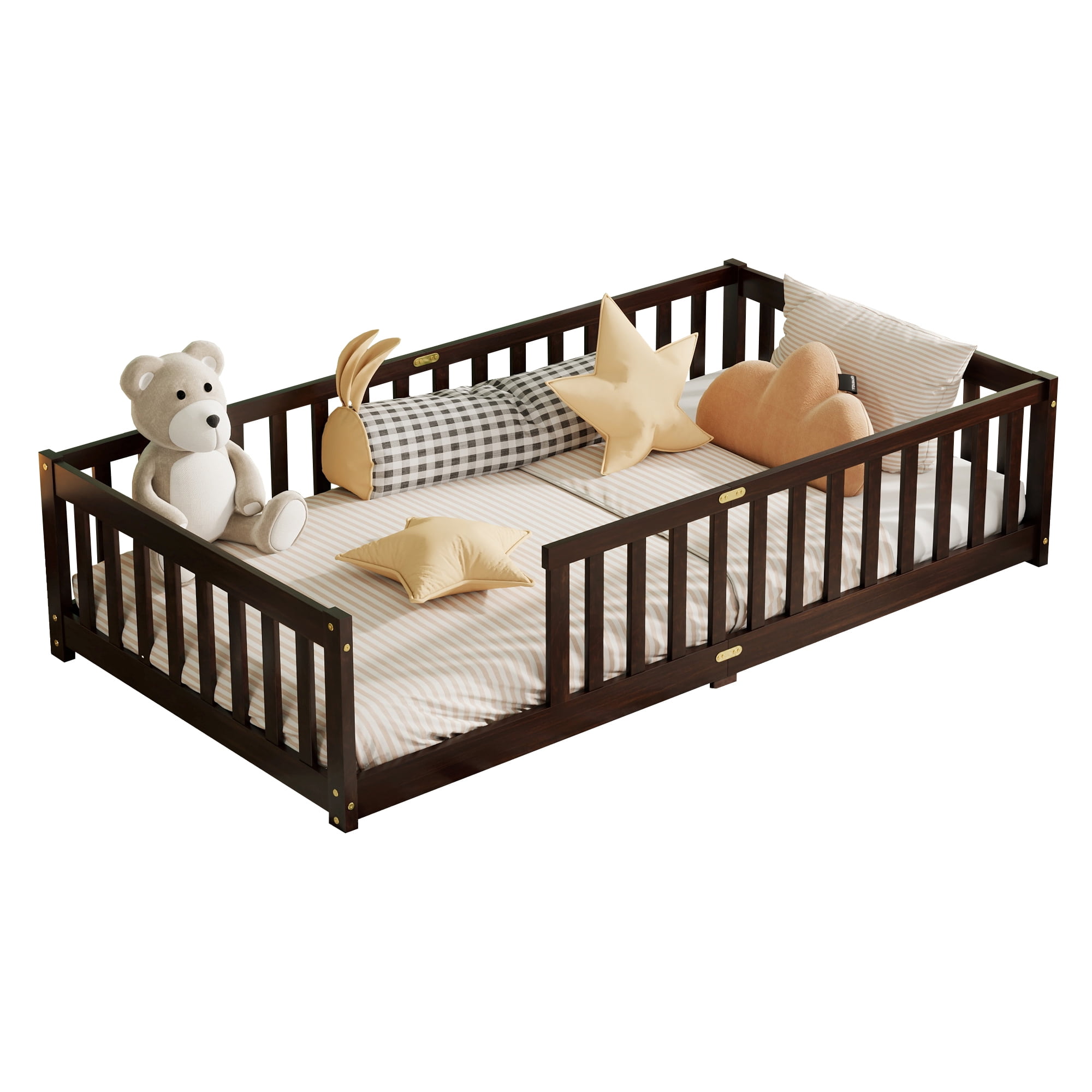 Alvantor Twin Size Floor Bed, Solid Wood Toddler Bed with Slat and Fence Guardrail, Montessori Floor Bed for Kids, Boys, Girls,Espresso