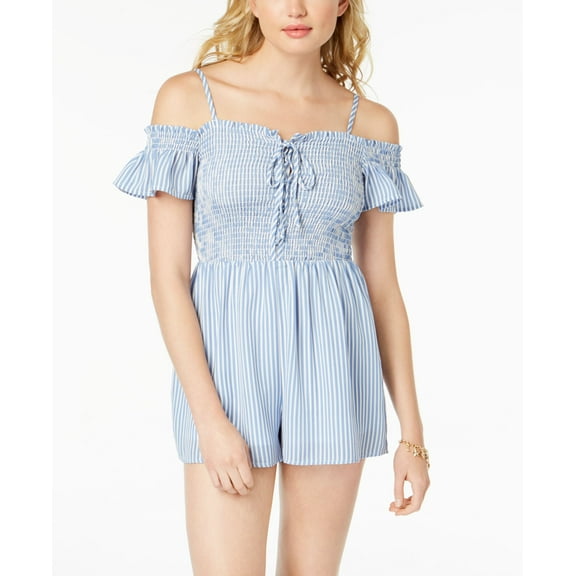 Almost Famous Juniors Smocked Cold Shoulder Romper Blue White S