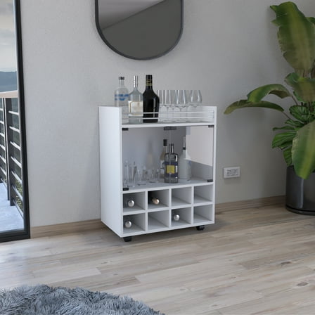 LiviNest Bar Cart with 8-Bottle Rack & Glass Door: Modern Mobile Home Bar Cabinet for Small Apartments - White Rolling Drink Station with Aluminum Top & Storage for Wine & Spirits