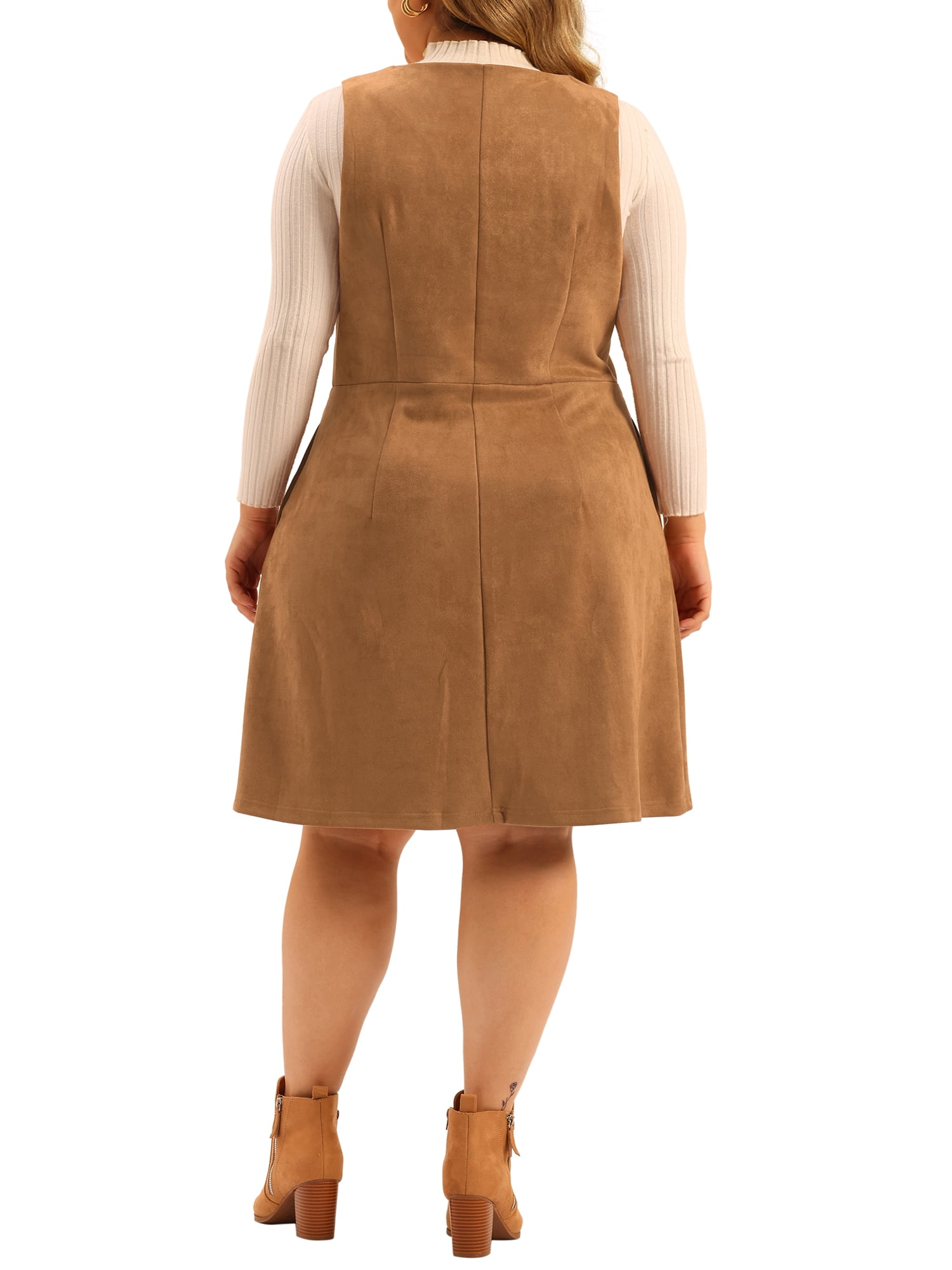 Unique Bargains Women's Plus Size Overall Button Casual Faux Suede Dress 1X Brown