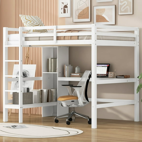 Euroco Wood Full Loft Bed with Storage Desk and Shelf for Bedroom, White