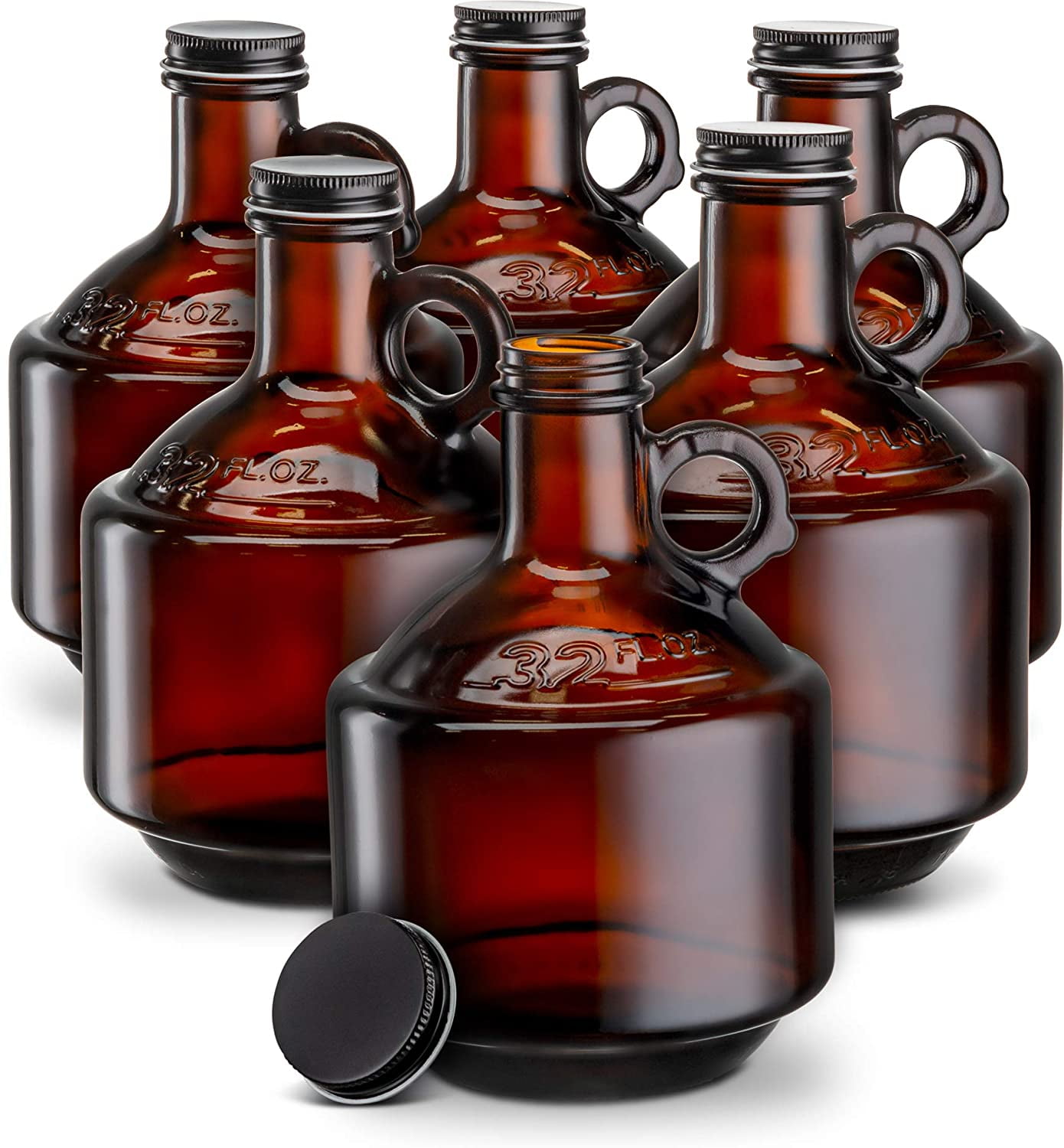Kook Amber Glass Beer Growlers with Lids , Brown, 32 oz, Set of 6