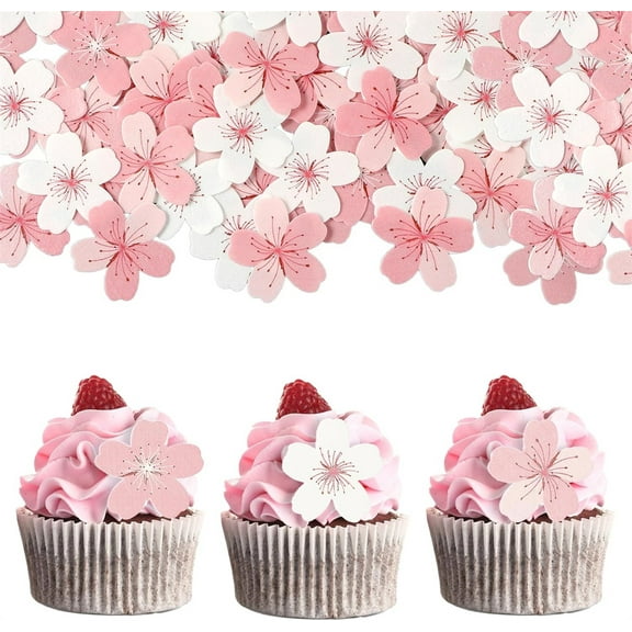 60PCS Edible Flowers for Cake Decorating, NOGIS Cherry Blossoms Flower Cupcake Toppers, Flowers for Cake Decorating Rice Wafer Paper Decorations for Birthday Party Wedding Food Dessert Supplies