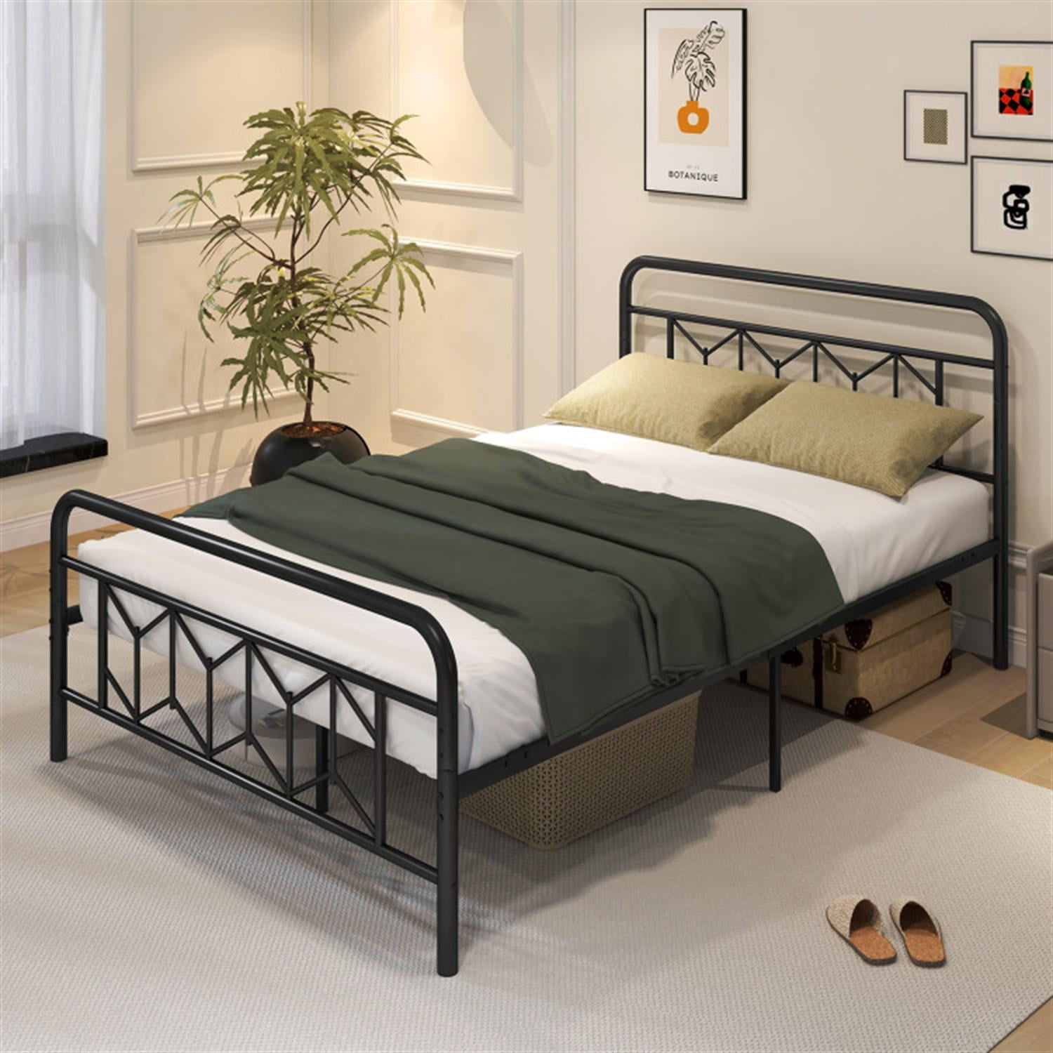 Demi Bonn Full Size Bed Frame with High Headboard and Snap Lock Metal Slats, Platform Bed Frame with Under Bed Storage, No Box Spring Needed, Black