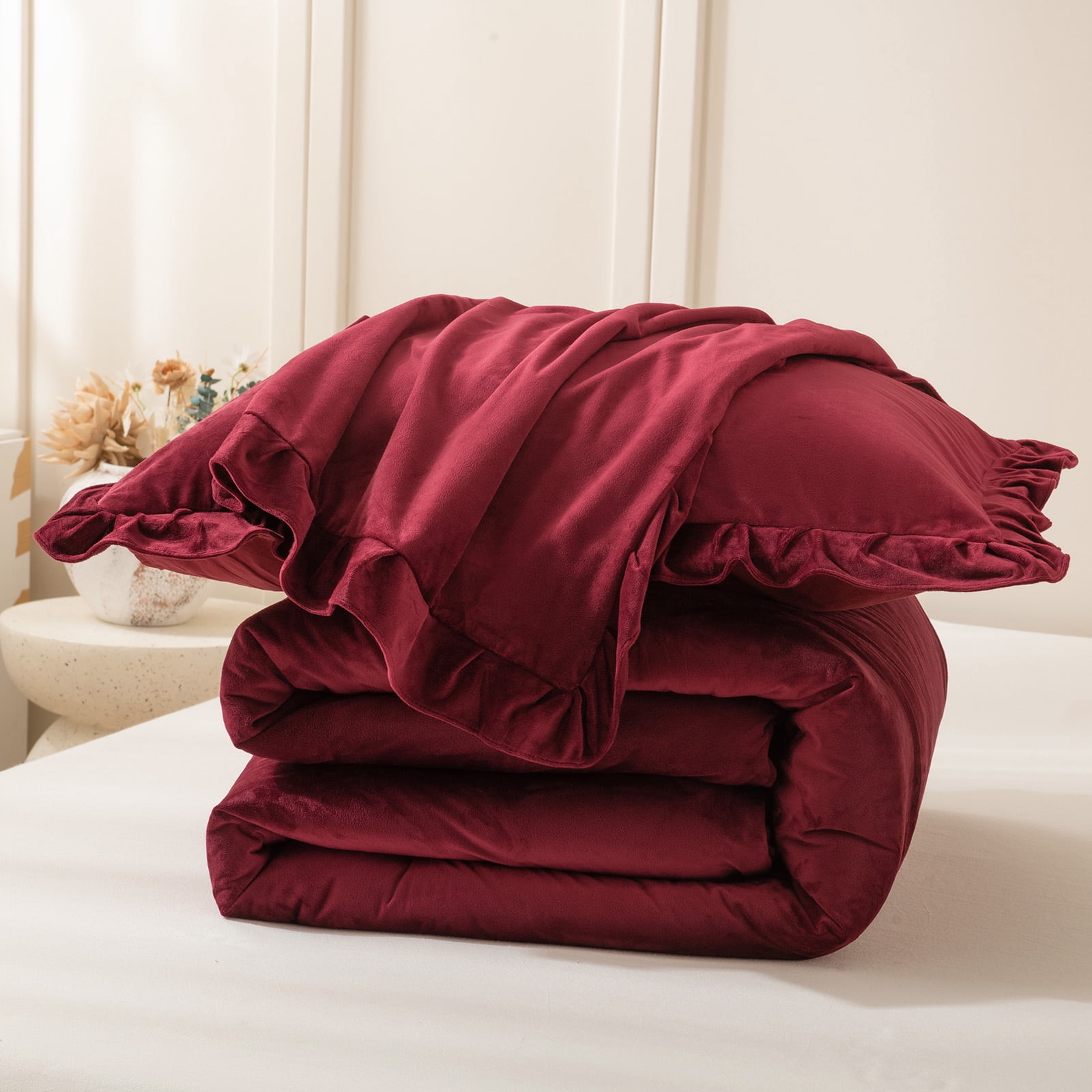 Burgundy Velvet Comforter Set Queen, Ruffled Fluffy Plush Bedding with Pillowcases, All-Season Cozy Luxury Bed Set for Women & Girls