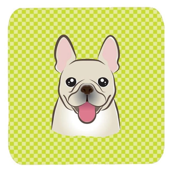 3.5 x 3.5 In. Checkerboard Lime Green French Bulldog Foam Coasters, Set Of 4