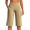 thumbnail image 5 of Women's High Waist Wide Leg Capri Pants Stretchy Workout Yoga Trousers Casual Athletic Lounge Pants with Pockets & Side Slits Khaki S, 5 of 7