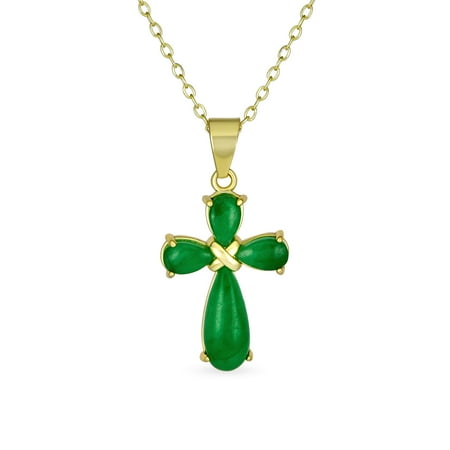 Bling Jewelry Womens Small Cabochon Gemstone Jade Cross Pendant Necklace Gold Plated Sterling Silver