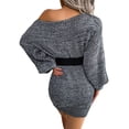 thumbnail image 6 of Liacowi Women Knit Mini Dress Contrast Color Lantern Long Sleeve Off-Shoulder Loose Sweater Dress Streetwear (without Belted), 6 of 7