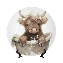 Bingfone Cute Cow Bath Print Bone China Dinner Decorative Plates,Handmade Ceramic Dinner Plate with Stand for Home Club-7in