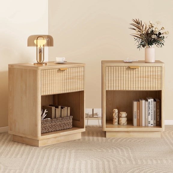 Nightstand Set of 2, Wood Nightstand with Charging Station, Fluted Bed Side Table Set of 2, Natural