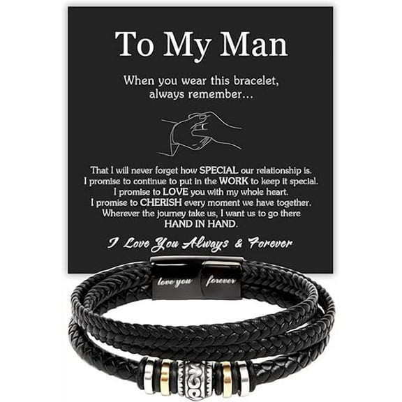 Birthday Gift for Husband from Wife, Leather Bracelet for Men, Men’s Love You Forever Bracelet Gift Ideas With Message Card, To My Man Bracelet Gift, Sentimental Gifts For Boyfriend From Girlfriend