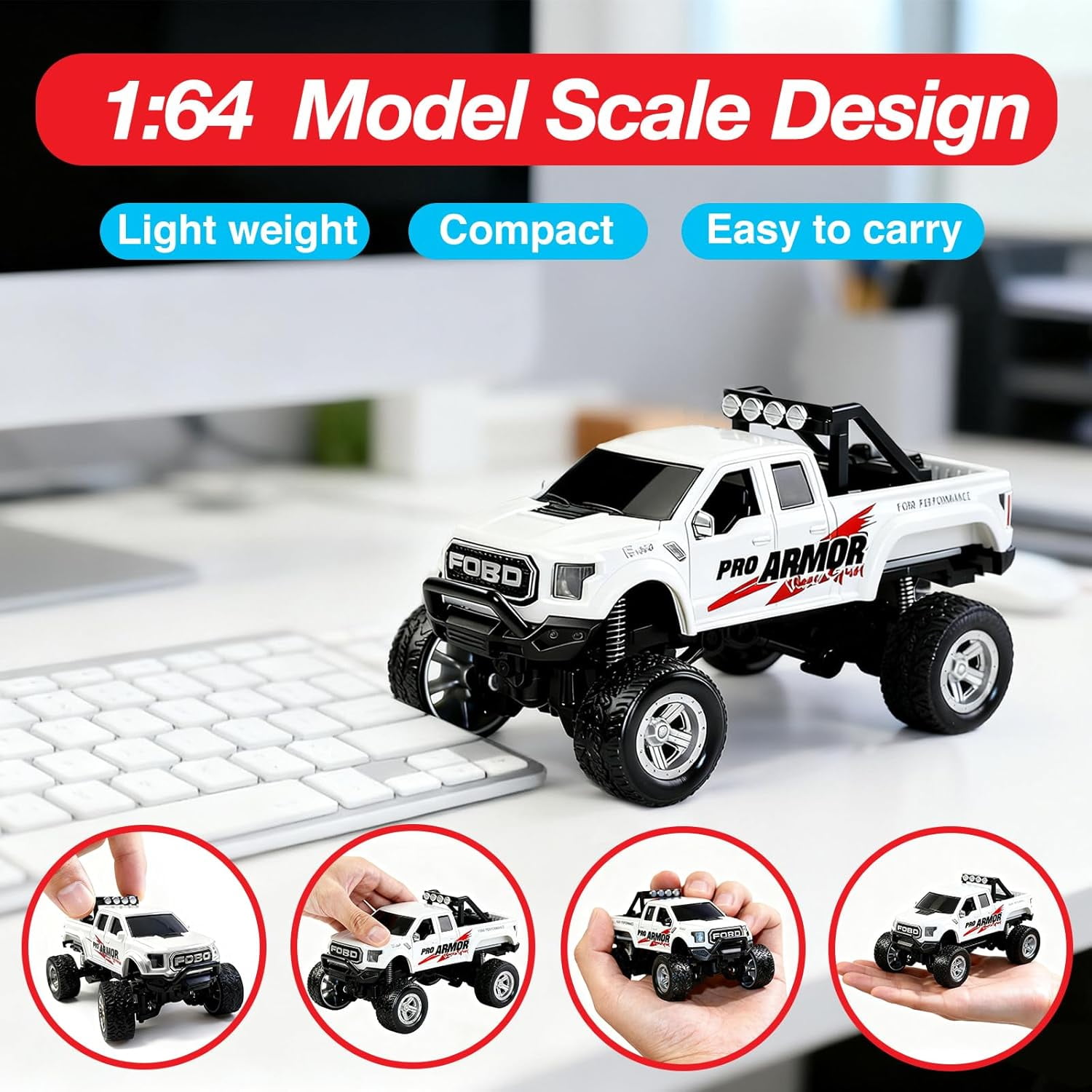 Mini RC Truck, 1/64 Scale Alloy Remote Control Monster Truck with Lights, 2.4GHz Remote Control Car, Mini Monster Truck with Trailer,Speed & Steering Adjustable White
