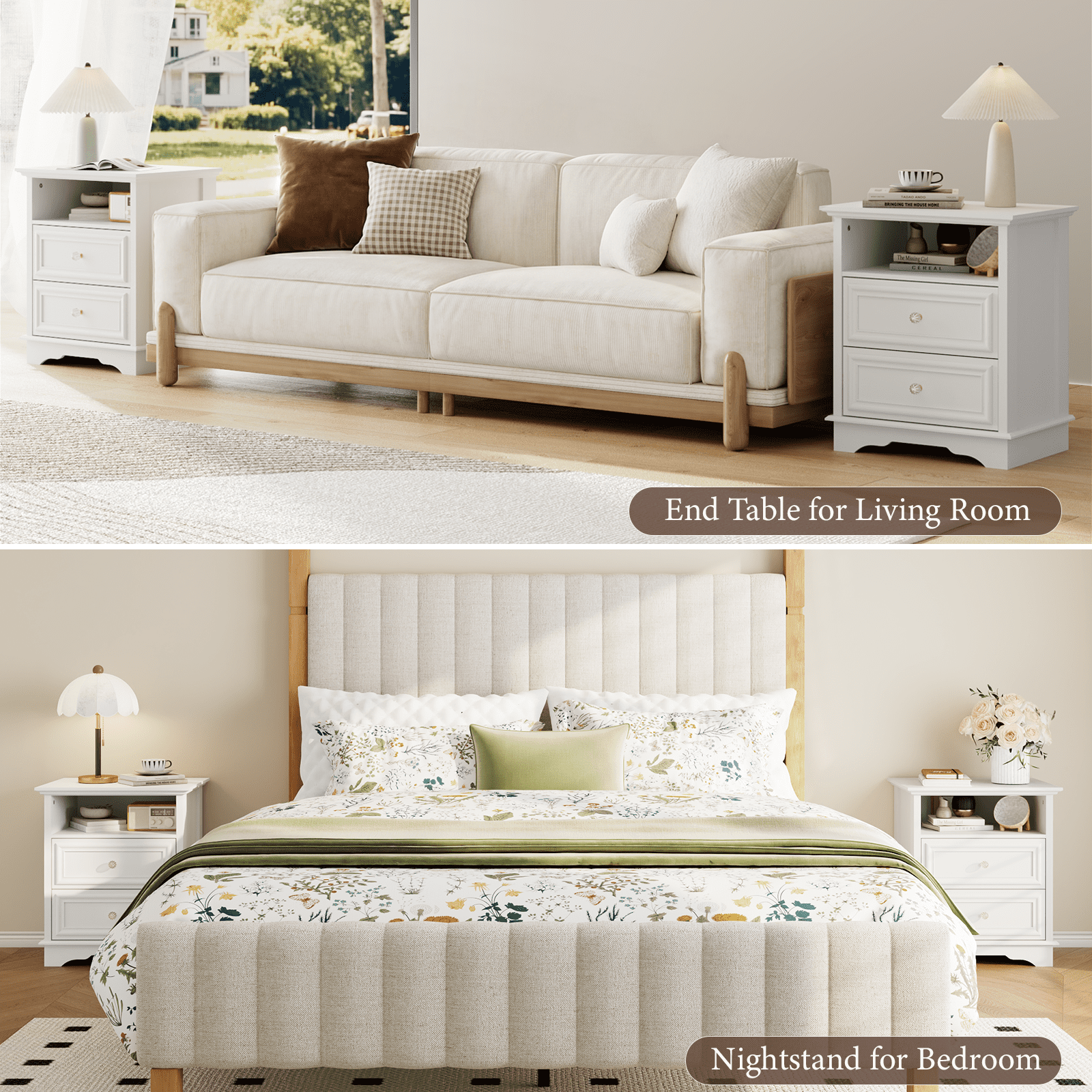 Brafabhome Set of 2 Nightstands with 2 Drawers, Mid-Century Bedside Table with Open Storage Shelf and Hidden Drawer for Bedroom Living Room | White