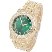 Charles Raymond Bling-ed Out Ultimate Hip Hop Royalty Mens Watch w/Easy Reader Roman Numeral or Diamond Time Indicators - L0504RN Gold Money Green - L0504