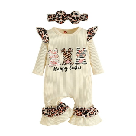 

Baby Girl Easter Outfit Bunny Onesie Newborn Ruffle Romper Long Sleeve Ribbed Jumpsuit My First Easter Outfit