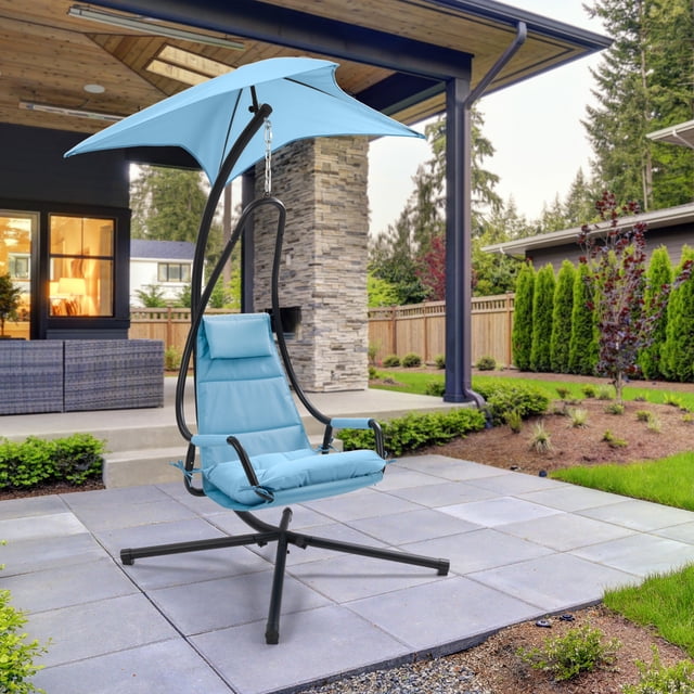 CorLiving Kingsley Steel Frame Outdoor Hammock Swing Chair with Cushioned Seat and Removable Canopy, Light Blue