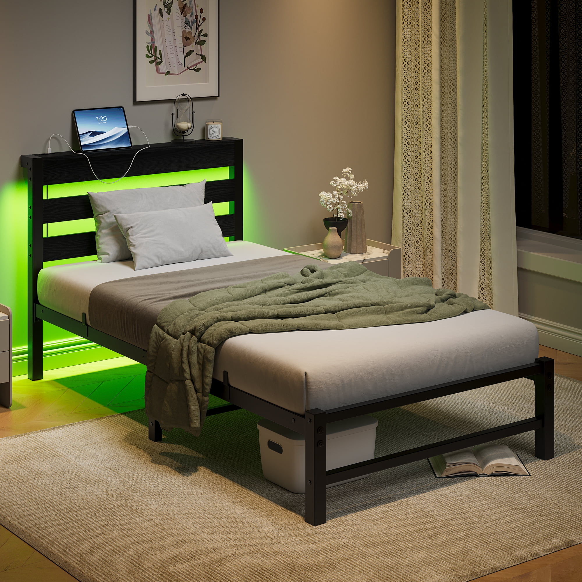 Yoneston Twin Size Bed Frame with LED Night Storage Headboard and USB Charging Station, 11" Black Duty Metal Platform Bed for Kids Childs Teens