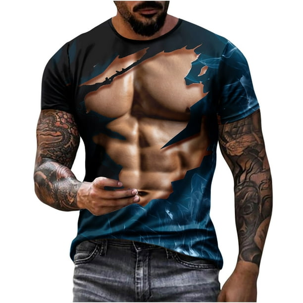 Camisetas de Manga Larga de los Hombres Casual Muscle Print Graphic Tee, Camiseta de Cuello de Tripulación de Manga Corta para las Vacaciones Diarias