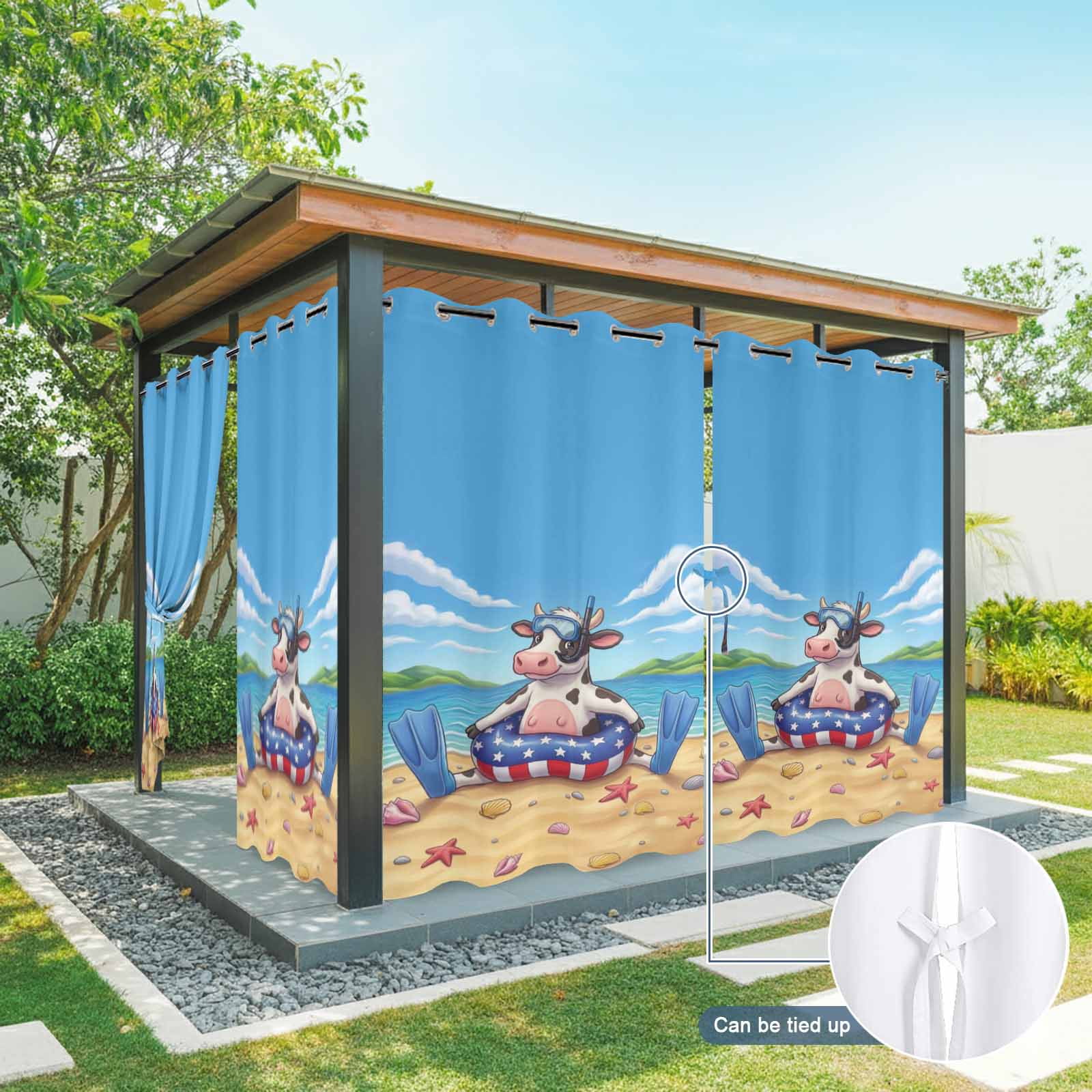 Snorkeling Cow Outdoor Curtains for Patio, Summer Beach Ocean Patriotic Swimming Ring Sunshade Privacy Drapes Grommet Waterproof Outside Curtains for Porch/Cabana/Balcony 54"x 108", 1 Panel