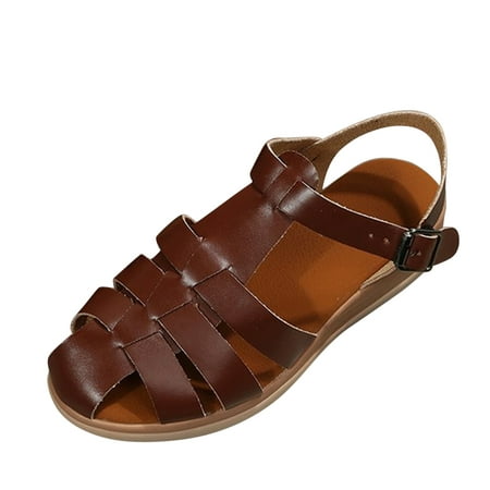 

Ladies Fashion Solid Leather Strap Combination Buckle Wedge Roman Sandals