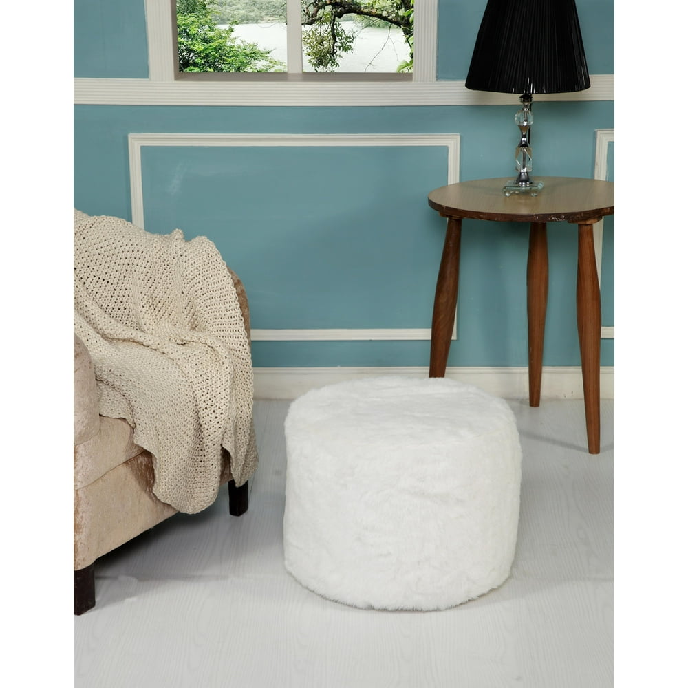 LR Home Fluffy Faux Fur White Polyester Indoor Pouf 18" x 14" Walmart