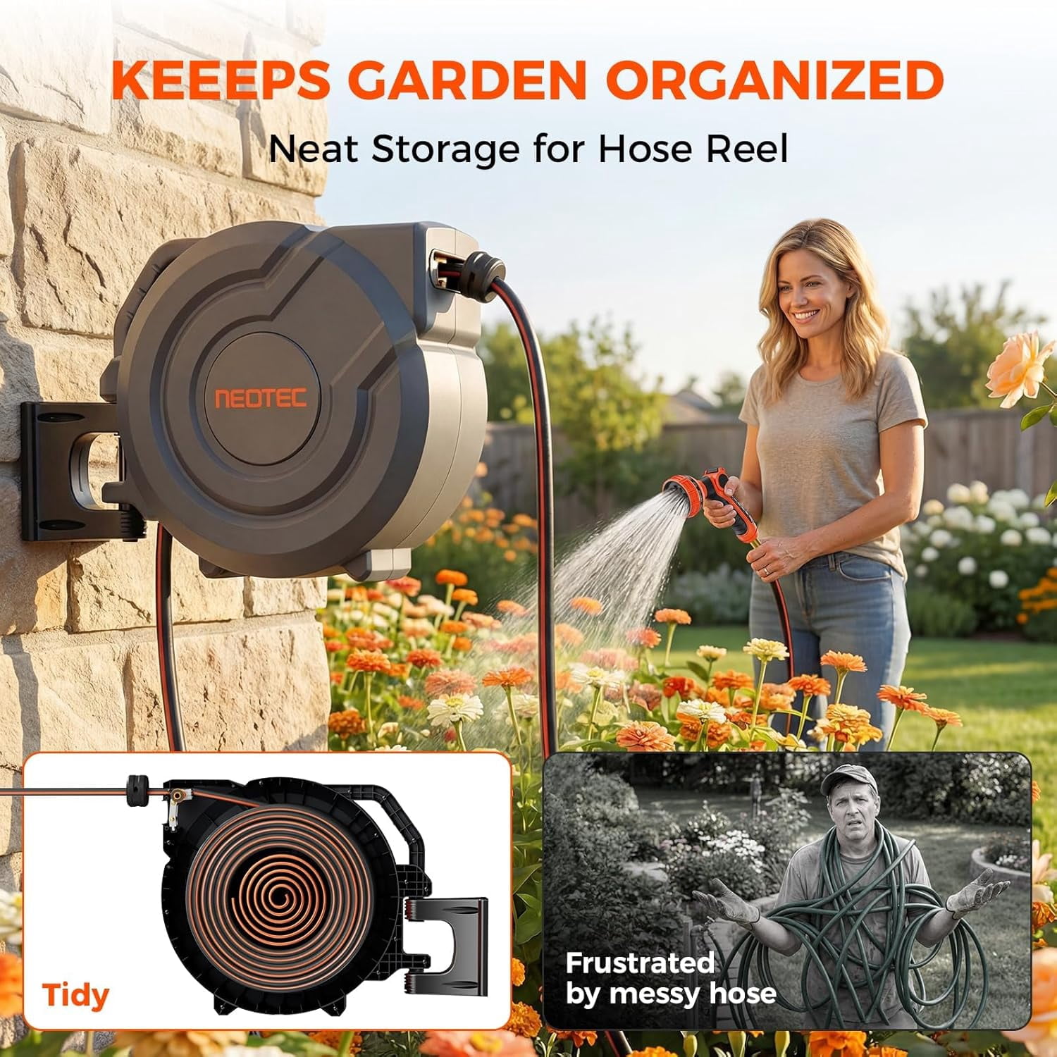 NEOTEC 130 ft 1/2 inch Retractable Garden Hose Reel -Professional Metal Bracket - Wall Mounted Auto Rewind, Any Length Lock 9 Pattern Nozzle, 180° Swivel, UV Resistant for Yard